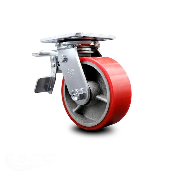5 Inch Red Poly on Cast Iron Caster with Ball Bearing and Total Lock Brake SCC